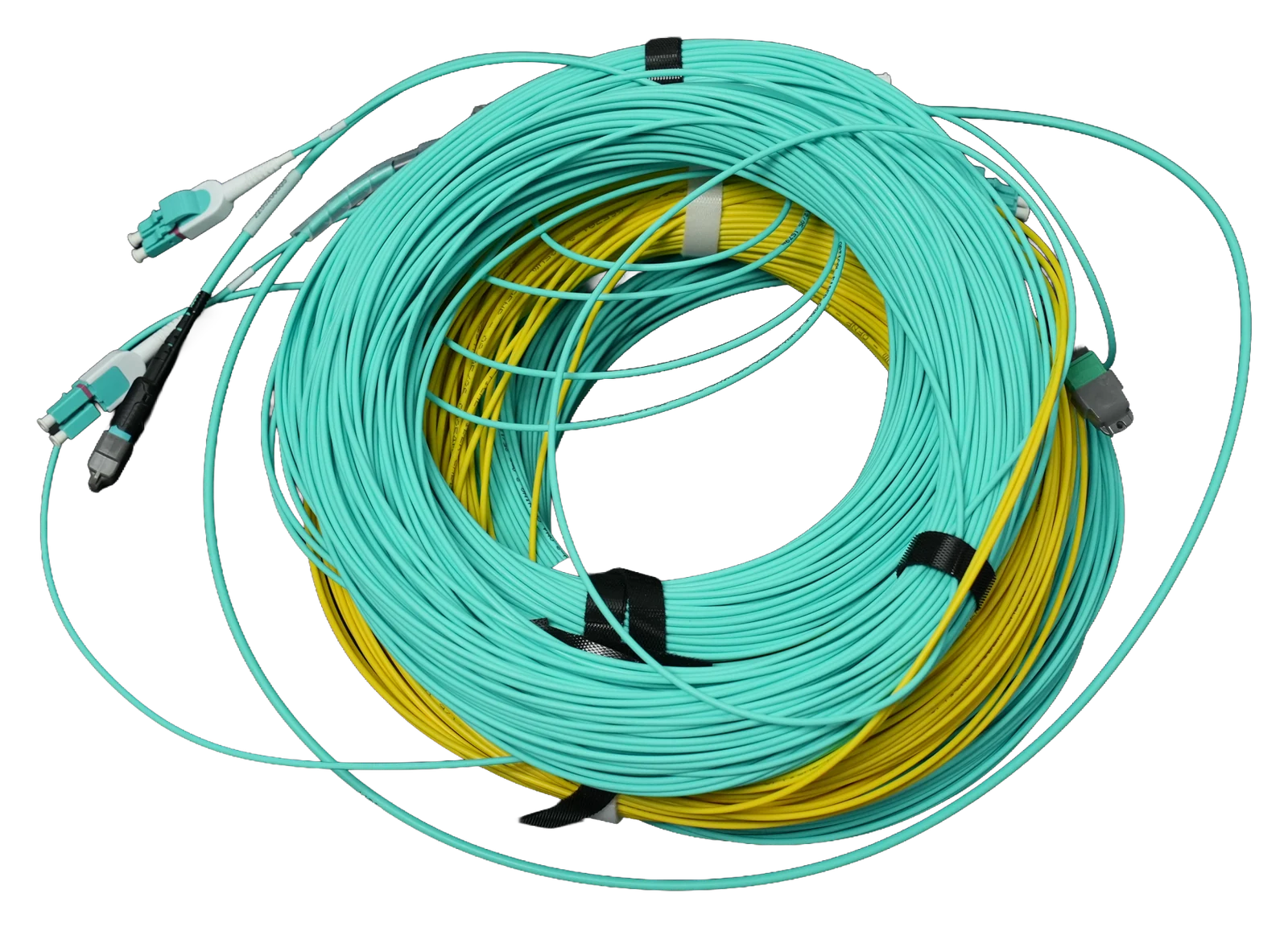 Coiled multimode and singlemode fibre assemblies with connectors