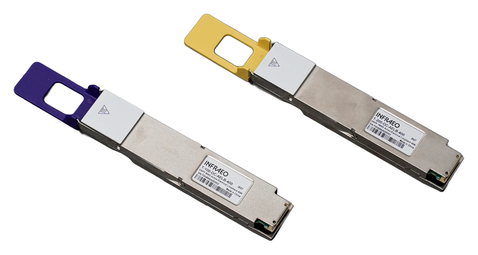 Two Infraeo loopback tester modules with colour-coded pull tabs